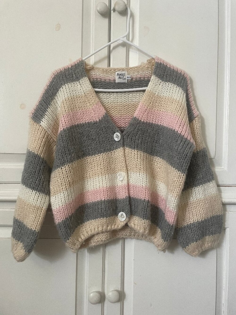 Princess Polly Women's 7/8 sleeve button up knit striped pink and beige cropped